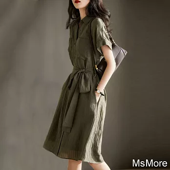 【MsMore】 連身裙時尚流行豎向肌理感工裝風系帶顯瘦短袖中長版洋裝# 120680 M 綠色