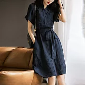 【MsMore】 連身裙時尚流行豎向肌理感工裝風系帶顯瘦短袖中長版洋裝# 120680 M 藏青色