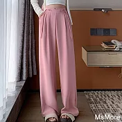【MsMore】 高腰新中式休閒直筒垂感百搭寬鬆西褲闊腿拖地長褲# 120726 L 粉紅色