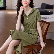 【MsMore】 抽繩連帽短袖新款簡約百搭休閒收腰顯瘦連身裙長版洋裝# 121145 2XL 綠色
