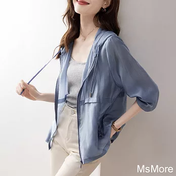 【MsMore】 連帽輕薄空調衫新款韓版休閒透氣輕薄防曬長袖短版外套# 121147 M 藍色
