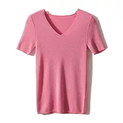 【MsMore】 德國揚子紗線V領短袖針織純色修身短版上衣# 121192 FREE 粉紅色