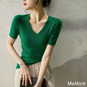 【MsMore】 德國揚子紗線V領短袖針織純色修身短版上衣# 121192 FREE 綠色