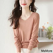 【MsMore】 燙鑽洋氣長袖針織上衣新款時尚V領親膚軟糯寬鬆短版# 121199 FREE 粉紅色