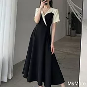 【MsMore】 大碼法式復古赫本風連身裙氣質女神范A字長版洋裝# 121222 L 黑色