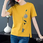 【初色】圓領幾何抽象印花中大碼短袖T恤上衣女上衣-共5色-32577(M-2XL可選) 2XL 黃色