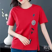 【初色】圓領幾何抽象印花中大碼短袖T恤上衣女上衣-共5色-32577(M-2XL可選) M 紅色