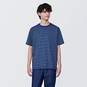 【MUJI 無印良品】男棉混天竺橫紋圓領短袖T恤 M 藍橫紋