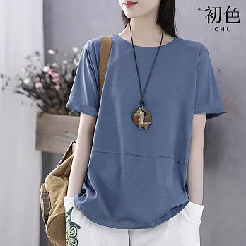 【初色】韓版寬鬆休閒百搭純色圓領短袖T恤上衣-共4色-69370(M-2XL可選) M 藍色