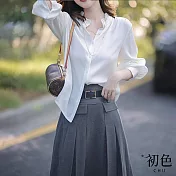 【初色】法式立領荷葉邊單排釦素色長袖襯衫上衣女上衣-共2色-33015(M-2XL可選) XL 白色