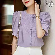 【初色】小香風柔軟素色涼爽花邊刺繡圓領短袖襯衫上衣女上衣-共2色-33016(M-2XL可選) M 紫色