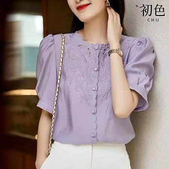 【初色】小香風柔軟素色涼爽花邊刺繡圓領短袖襯衫上衣女上衣-共2色-33016(M-2XL可選) XL 紫色