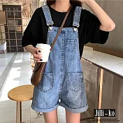 【Jilli~ko】復古工裝顯瘦設計感卷邊牛仔背帶短褲 J11699 FREE 藍色