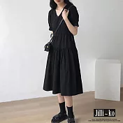 【Jilli~ko】時尚氣質寬鬆縮腰顯瘦黑色連衣裙 J11714 FREE 黑色