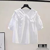 【Jilli~ko】娃娃領木耳邊洋氣時尚短袖襯衫女 J11717 FREE 白色