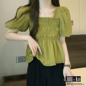 【Jilli~ko】雪紡時尚褶皺方領縮腰娃娃衫 J11733 FREE 綠色