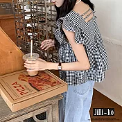 【Jilli~ko】法式方領設計感格子寬鬆短款娃娃衫 J11636 FREE 黑色
