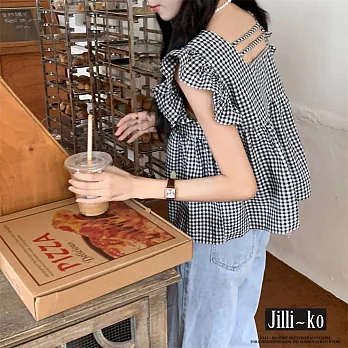 【Jilli~ko】法式方領設計感格子寬鬆短款娃娃衫 J11636  FREE 黑色