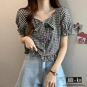 【Jilli~ko】法式格子設計感泡泡袖短款上衣 J11738 FREE 黑色
