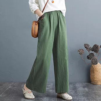 【AnZa】寬鬆棉麻口袋休閒長褲直筒褲(4色)      M 森綠