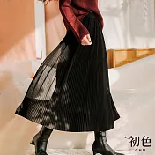 【初色】網紗氣質顯瘦高腰百褶A字半身裙-共3色-33048(M-XL可選) M 黑色
