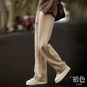 【初色】素色寬鬆顯瘦抽繩鬆緊高腰休閒闊腿褲長褲-共3色-33060(M-2XL可選) L 米色