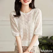 【MsMore】 鏤空薄款天絲感短袖針織衫寬鬆百搭氣質圓領短版上衣# 121288 FREE 白色