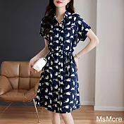 【MsMore】 時髦個性貓咪印花短袖連身裙中長版洋裝# 121304 M 藍色