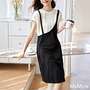 【MsMore】 休閒時髦感連身裙圓領撞色短袖拼接假兩件背帶中長版洋裝# 121323 M 黑色