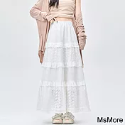 【MsMore】 白色半身裙高腰A字裙蛋糕溫柔風長裙設計感鉤花裙# 121337 M 白色