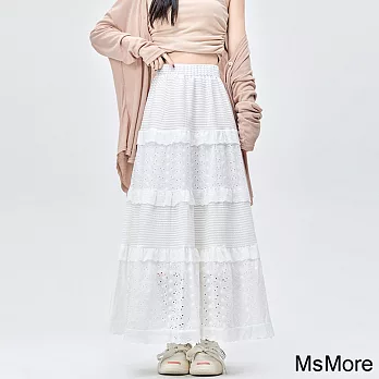 【MsMore】 白色半身裙高腰A字裙蛋糕溫柔風長裙設計感鉤花裙# 121337 M 白色