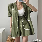 【MsMore】 韓國時尚西裝短褲亞麻感休閒薄款顯瘦短袖外套兩件式套裝# 121342 FREE 綠色