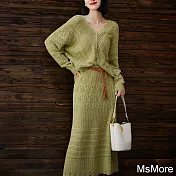 【MsMore】 V領針織長袖開衫+鬆緊腰半長裙休閒2件式套裝# 121370 FREE 綠色