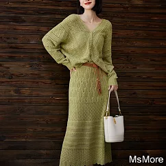 【MsMore】 V領針織長袖開衫+鬆緊腰半長裙休閒2件式套裝# 121370 FREE 綠色
