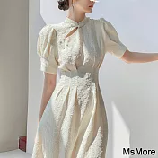 【MsMore】 中式改良白色旗袍年輕款立領收腰顯瘦短袖A字連身裙長版洋裝# 121372 L 白色