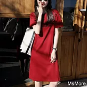 【MsMore】 紅色圈粉無數氣質圓領短袖舒適絲光雙面棉植絨字母連身裙中長版洋裝# 121396 M 紅色