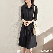 【MsMore】 黑色純色系帶連身裙中長款寬鬆顯瘦襯衫款簡約長袖洋裝# 120674 M 黑色