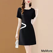 【MsMore】 小香風時尚氣質簡約圓領連身裙短袖小個子顯瘦別致中長版洋裝# 120681 M 黑色