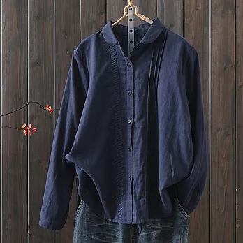 【ACheter】 復古長袖襯衫文藝寬鬆氣質棉紗風琴褶短版上衣# 120717 M 藏青色