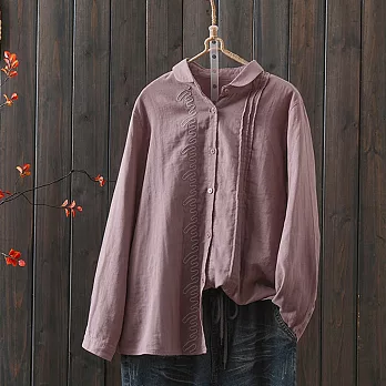 【ACheter】 復古長袖襯衫文藝寬鬆氣質棉紗風琴褶短版上衣# 120717 M 紫色