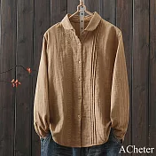 【ACheter】 復古長袖襯衫文藝寬鬆氣質棉紗風琴褶短版上衣# 120717 M 咖色