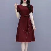 【MsMore】 時尚連身裙短袖收腰顯瘦中長版減齡圓領洋裝# 120753 2XL 酒紅色
