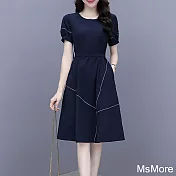 【MsMore】 時尚連身裙短袖收腰顯瘦中長版減齡圓領洋裝# 120753 M 藏青色