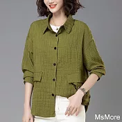 【MsMore】 薄款襯衫韓版寬鬆大碼長袖時尚減齡翻領外套式襯衫短版# 120758 M 橄欖綠色