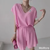 【MsMore】 韓國chic甜美V領寬鬆短袖針織衫+抽繩高腰休閒闊腿短褲兩件式套裝# 121046 FREE 粉紅色