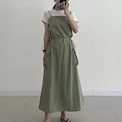 【MsMore】 復古氣質吊帶連身裙設計感大口袋抽繩收腰長裙洋裝# 121341 FREE 綠色