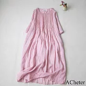 【ACheter】 洋裝文藝森系苧麻感風琴褶長短袖顯瘦洋裝# 121350 2XL 粉紅色