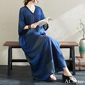 【ACheter】 藍釉花色度假風旅遊V領短袖復古長裙遮肉棉麻連身裙洋裝# 121353 FREE 藍色