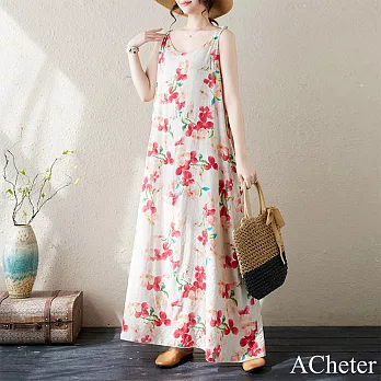 【ACheter】 波西米亞長裙無袖圓領印花連身裙背心洋裝# 121355 FREE 桃紅色