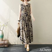 【ACheter】 可哥波西米亞長裙無袖圓領印花連身裙洋裝# 121357 L 可可色